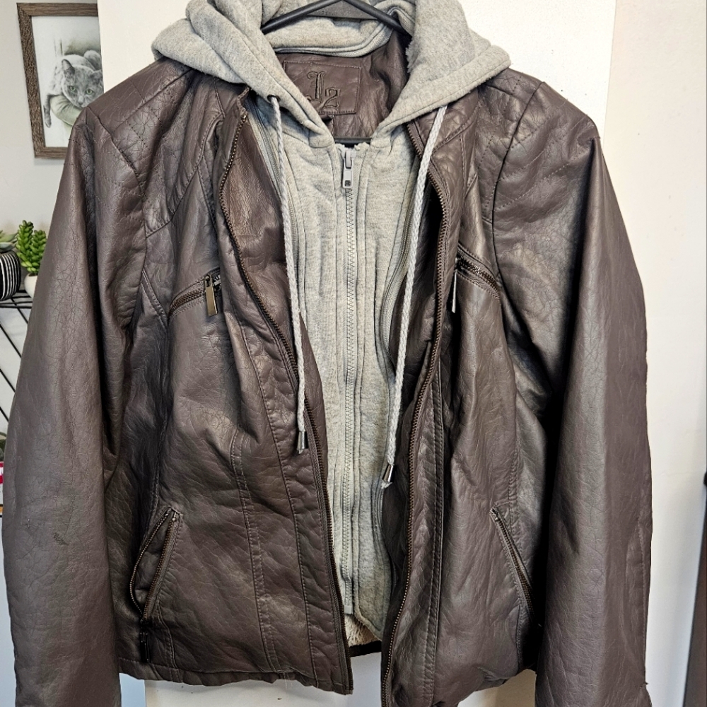 Brown Leather Jacket with Gray Hoodie